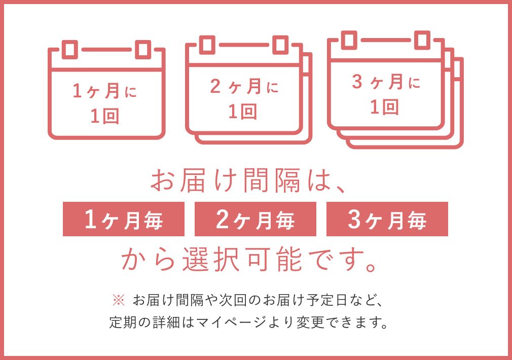 お届け間隔は、1ヶ月ごと・2ヶ月ごと・3ヶ月ごとから選択可能です。
